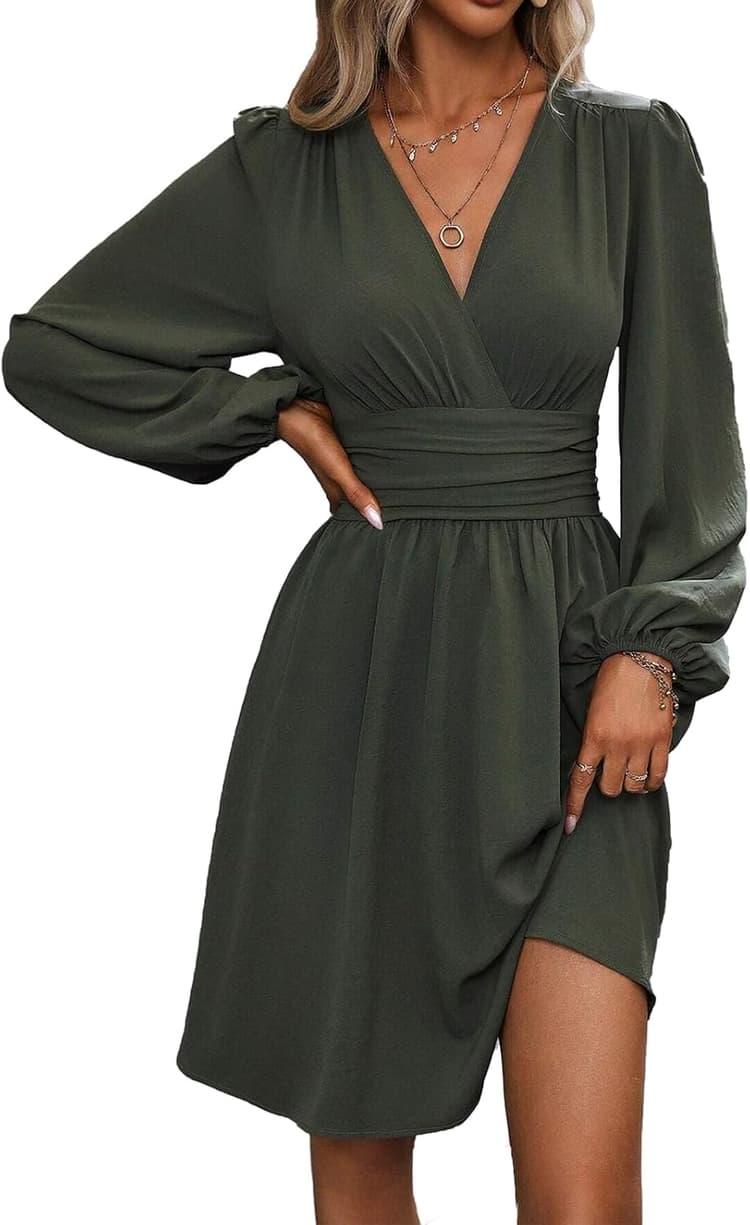Mini Robe Femme Manches Longues/Manches Courtes Col V Chic et Elegant Robes Manches Lanternes D'été et Hiver A-Line Casual Robe Casual pour Fête Noël Mariage