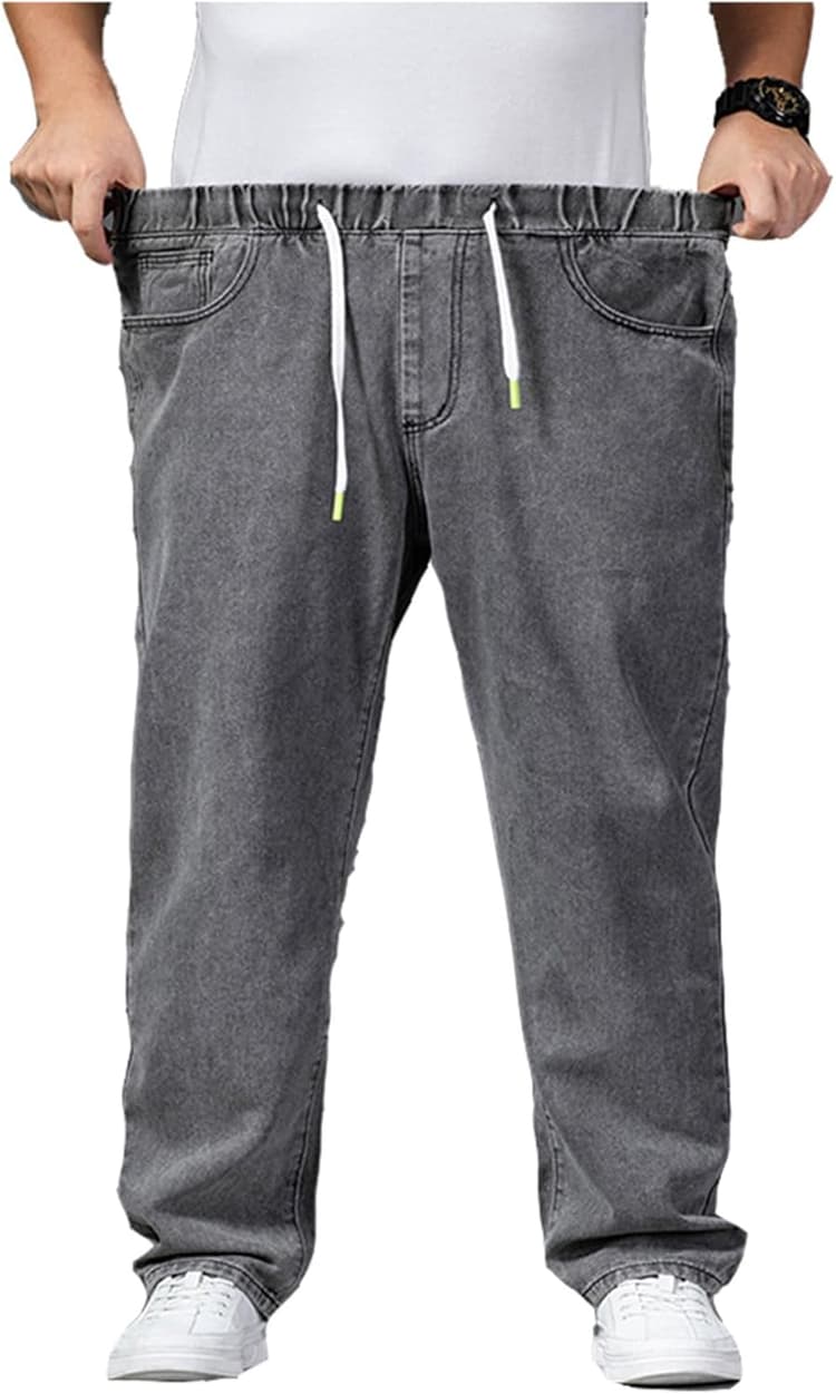 Pantalon en jean grande taille pour homme - Jean baggy extensible - Coupe ample - Taille haute - Stretch - Pantalon droit - Pantalon en denim délavé - Pantalon long en jean - Pantalon de loisirs
