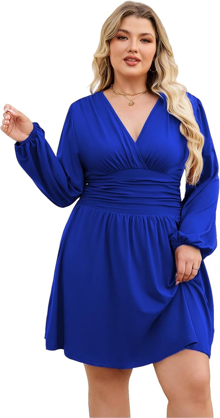 Grande Taille Robe Femme Manches Longues/Courtes Col V Elegant Robes Ete/Hiver Dress de Vacances Automne A-Line Casual Robe