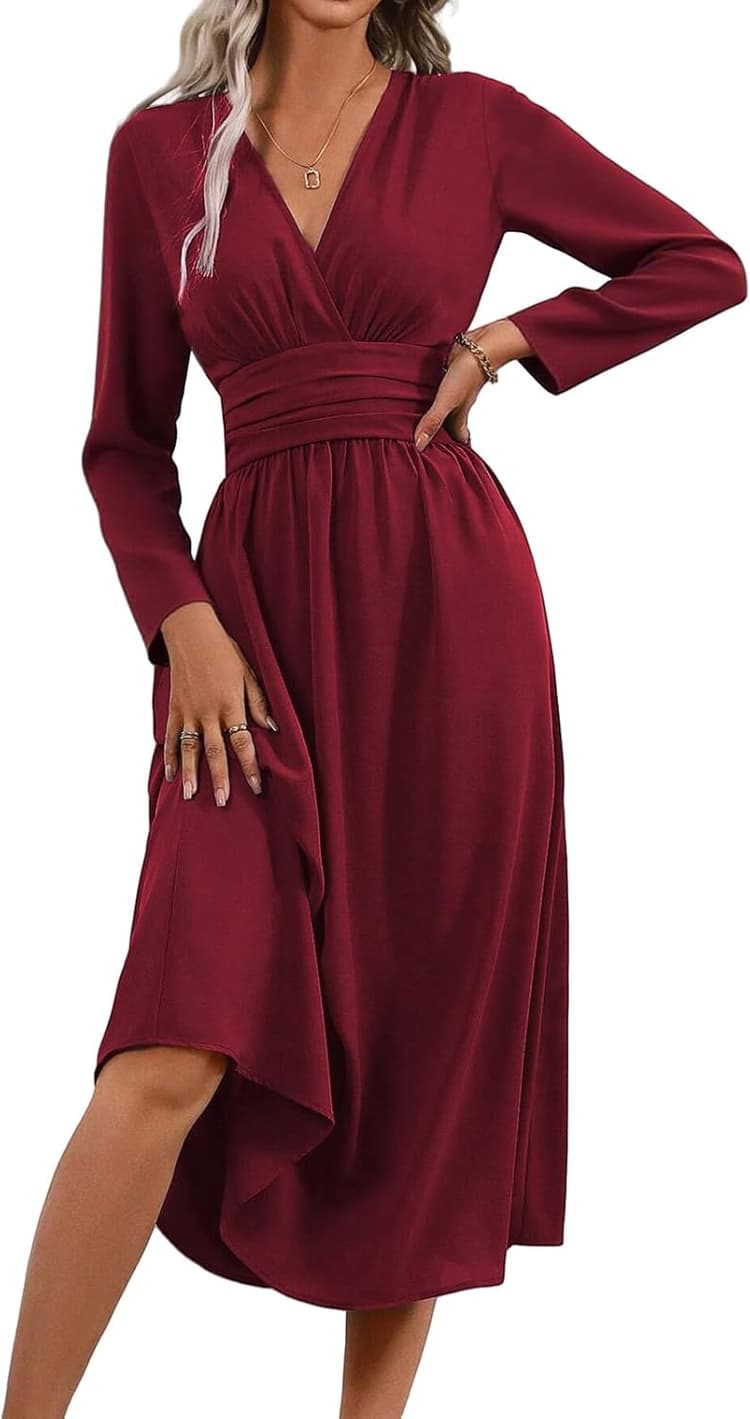Robe Hiver/Été Femme Élégante Col en V Manches Longues/Courtes Robes Casual Solide Taille Haute Ligne A Robe Longue Robe de Mariage Décontractée
