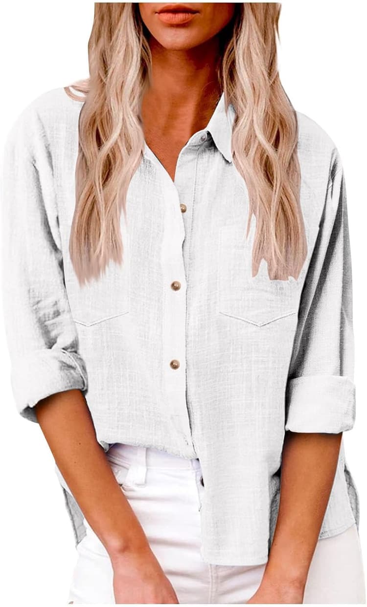 Chemise Lin Femme Été Décontractés Chemisier et Blouses Coton Lin Simple Boutonné Ample Hauts à Revers Tee Shirt Grande Taille Couleur Unie Haut Femmes Manche Longue Chic et Elégant
