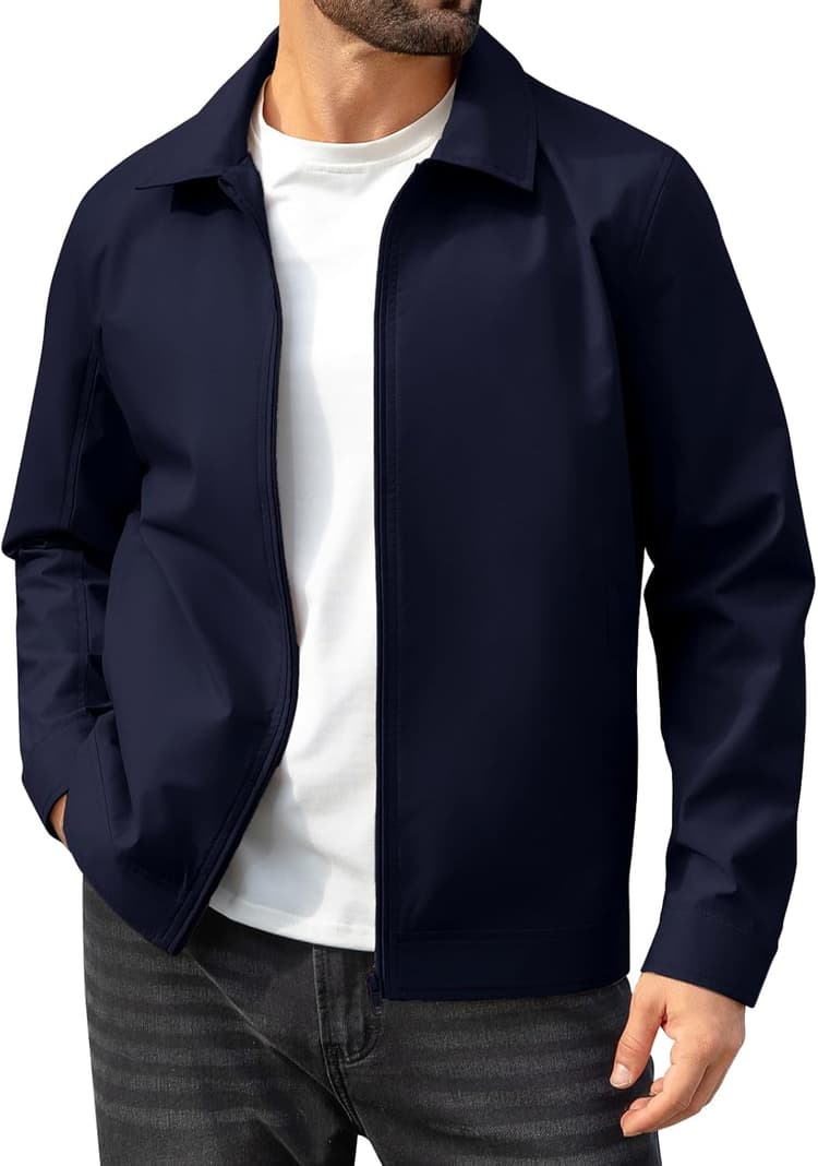 Voqeen Veste Homme Mi Saison Blouson Imperméabl Eprintemps Été Blouson Legere Coupe-Vent Décontractée À Col Veste Demi Saison Travail Intégrale Manteau Doublée De Flanelle Golf D'extérieur