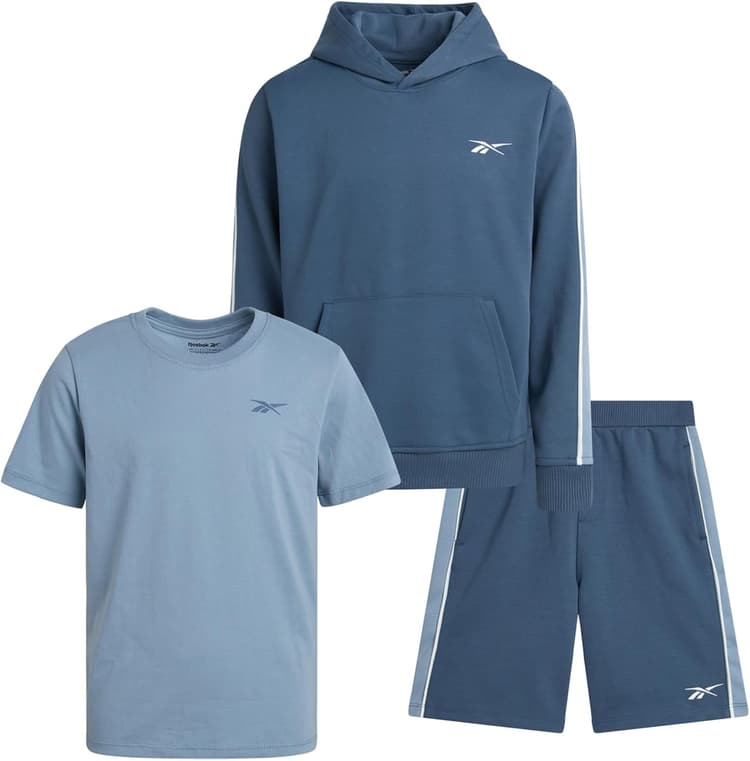 Reebok Boys' Active Shorts Set - 3 Piece Performance Mesh Hoodie Sweatshirt, Gym Shorts, and T-Shirt - Activewear Set (8-12)