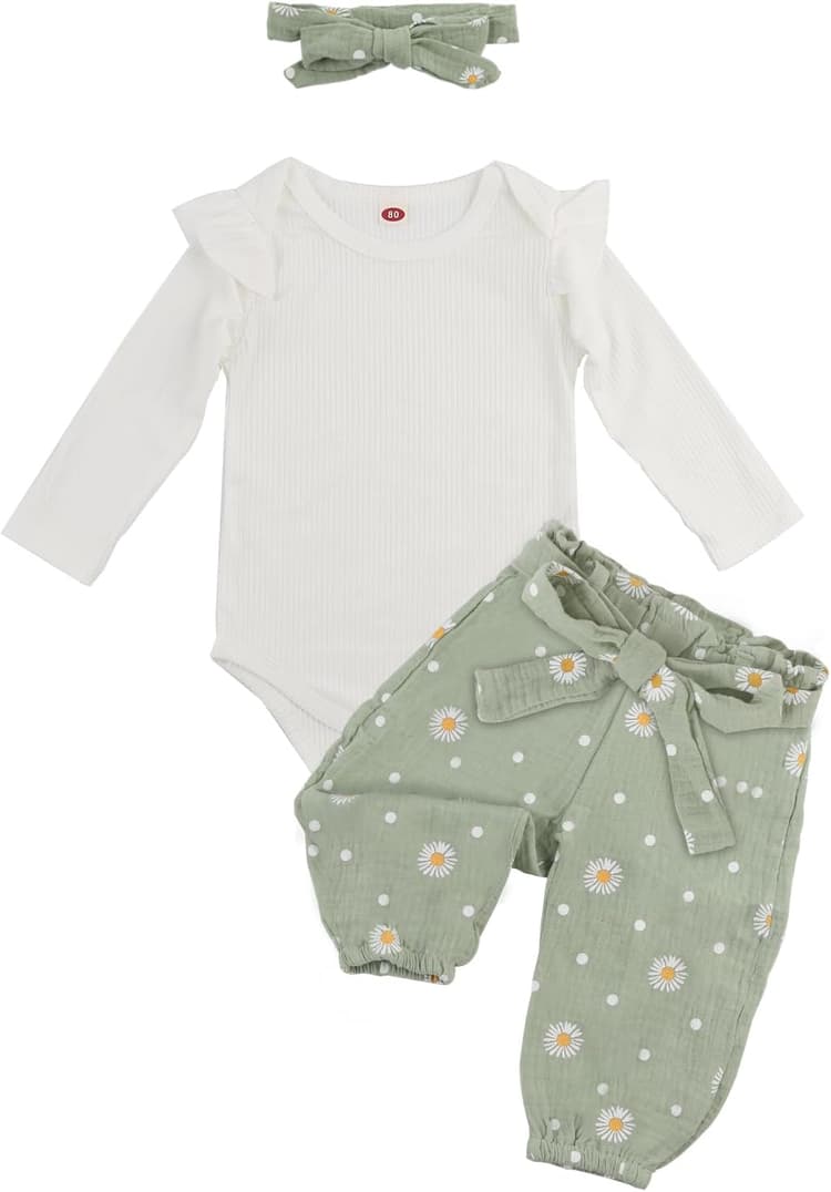 Vetement Bebe Fille Nouveau-né Barboteuse à Volants Manche Longue + Floral Pantalon + Bandeau + Ceinture Ensemble, Vêtements Bébé Fille 95% coton pour Bébé 0-12 Mois Automne Primtemps