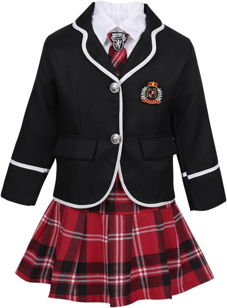 dPois Chemise Uniforme Scolaire Fille Enfant Cosplay Déguisement Écolière Manteau Jupe À Carreaux Plisée avec Cravate Ensemble École Costume 4-14 Ans