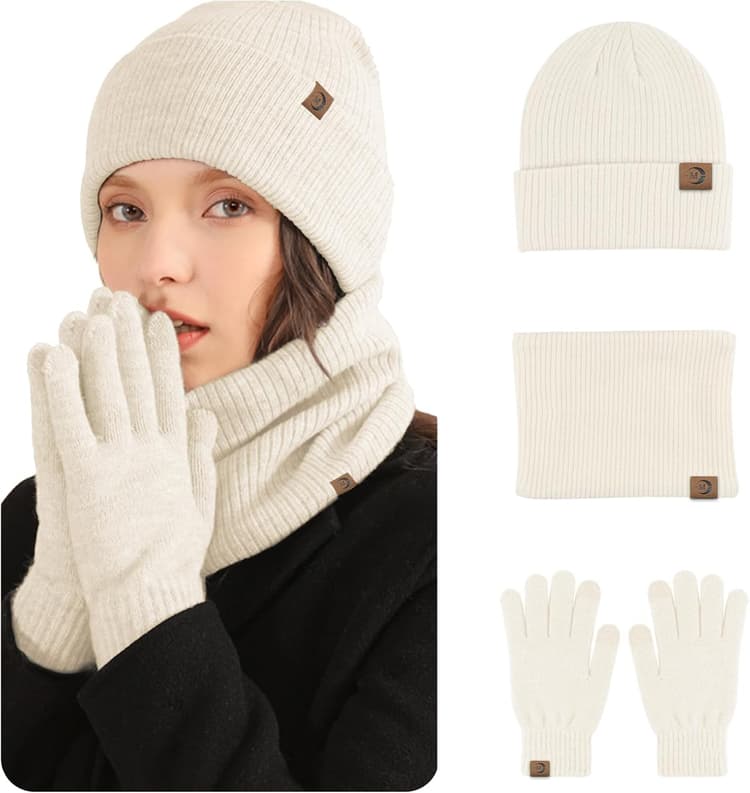 MARUKO Femme Tricotés Ensemble d'hiver Bonnet écharpe Gants d'écran Tactile 3 en 1, Doublure Molleton Doux Bonnet tricoté Chaud Cache-Cou Extensible Gants tactiles à 2 Doigts pour Femme