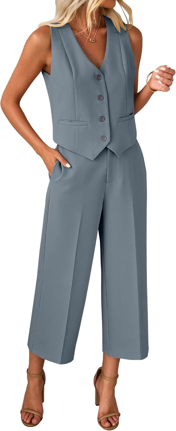 luvamia Pant Suits for Women Dressy Casual 2 Piece Sets Sleeveless Blazer Vest with Wide Leg Capri Pants Work Outfit