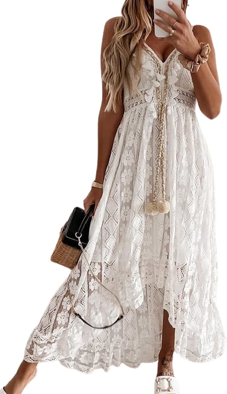 CUPSHE Robe d'été pour Femme Boho Maxi à Lacets avec Pompon col en V évasé à Volants Robes de Plage