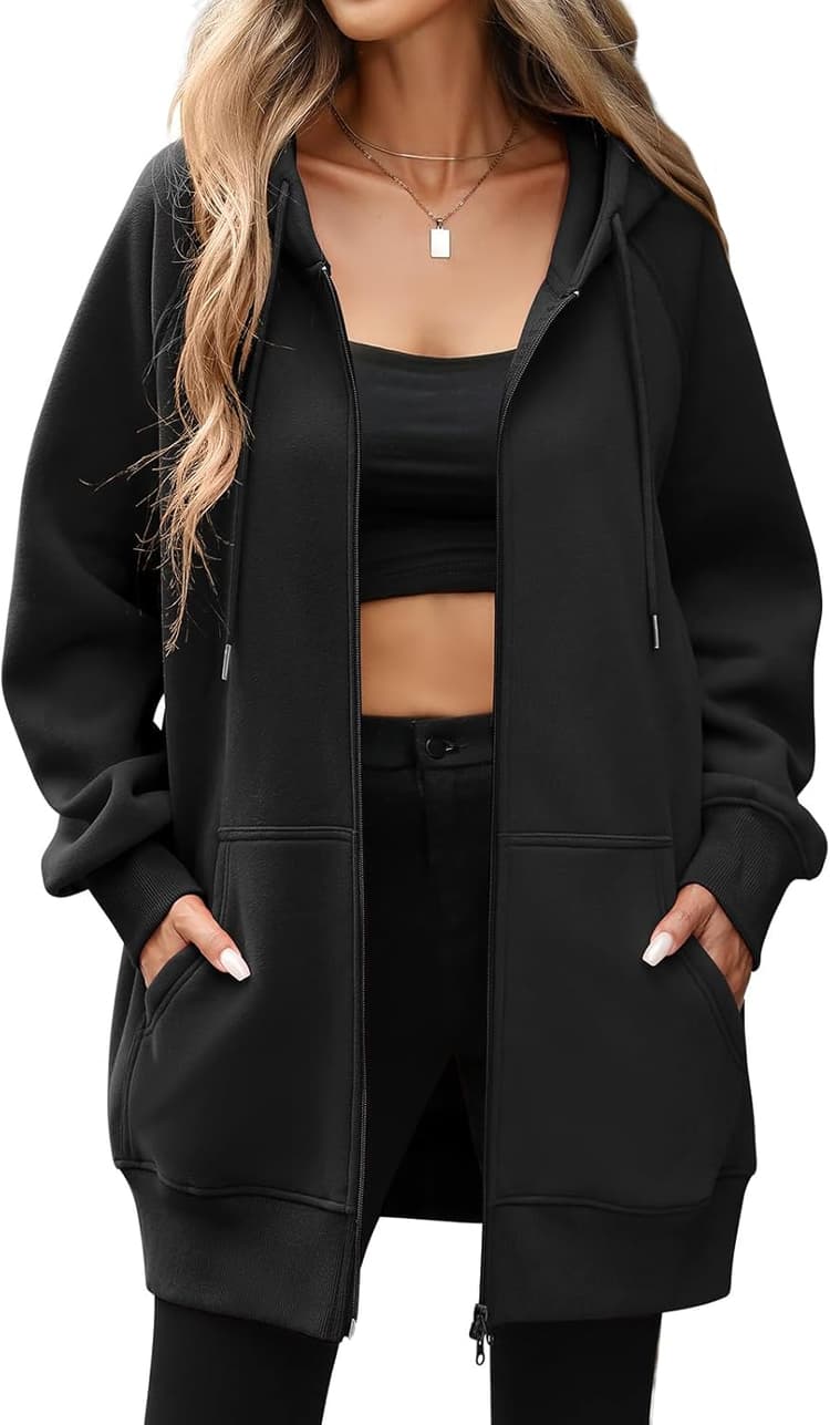 Vancavoo Sweats à Capuche Femme Zippé Polaire Veste Long Sweatshirt Manches Longues Automne Hiver Outerwear Printemps Manteau avec Poches