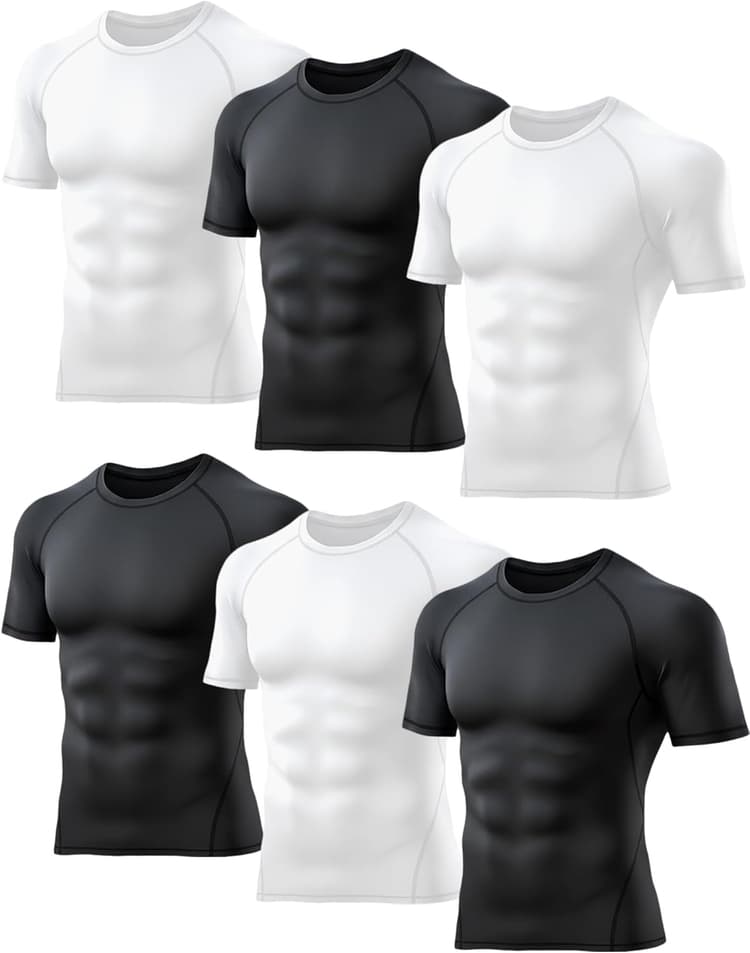 TELALEO 6 Pack Men's Compression Shirt Short Sleeve Athletic Baselayer Sports T Shirts Workout Tops for Men Black White