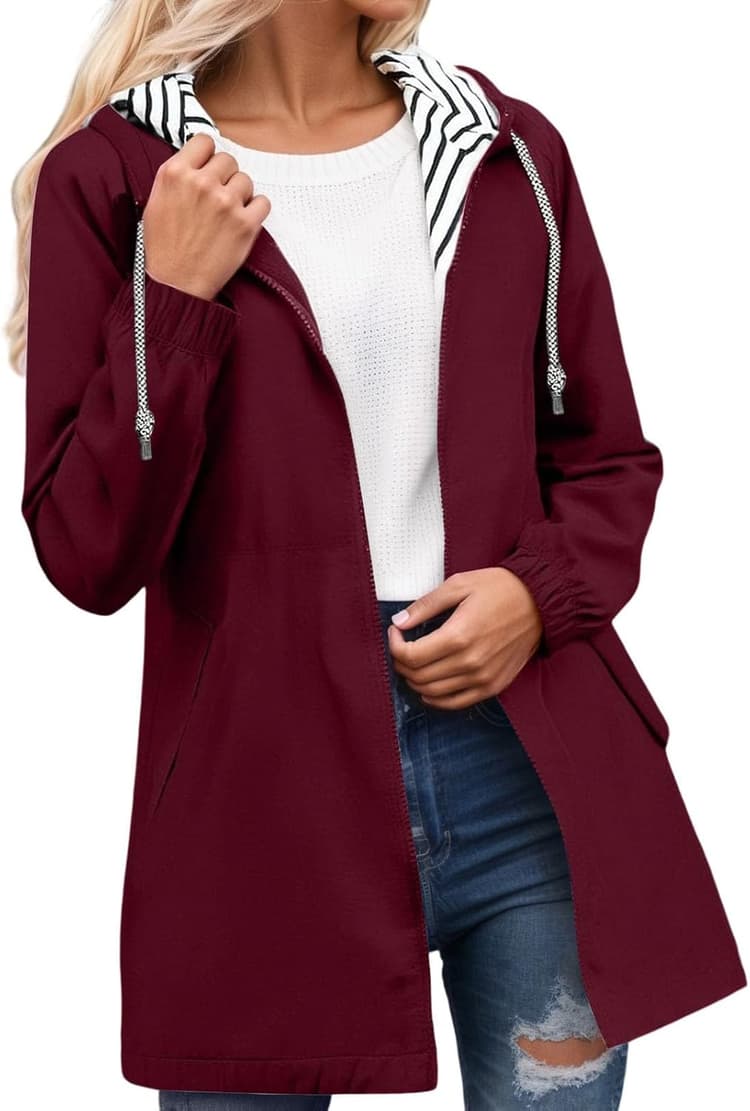Veste Imperméable Femme Manteau Long Imperméable Trench Capuche À La Mode Coupe Vent Couleur Unie avec Zippé Veste De Sport Pluie D'extérieur Vetement Grande Taille