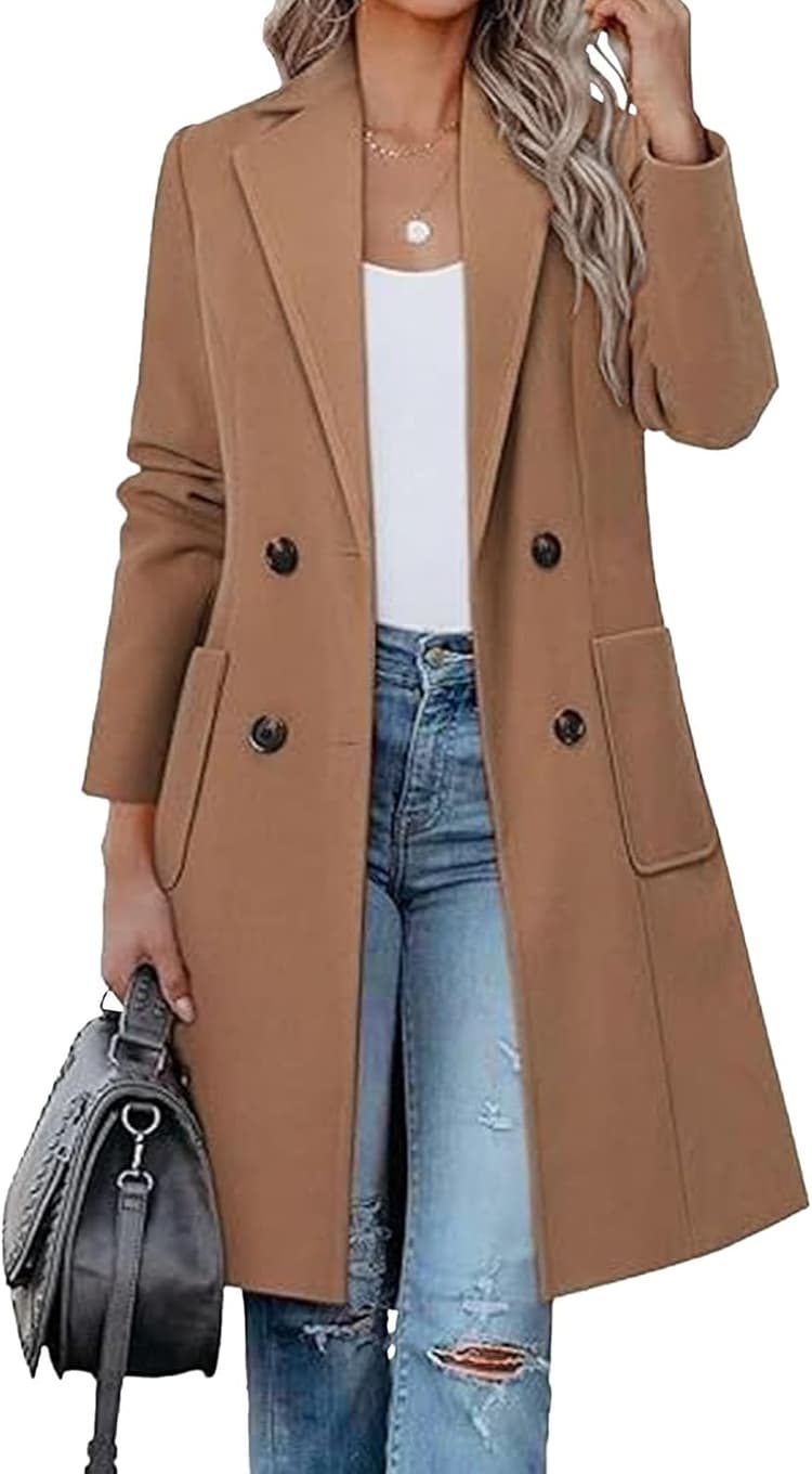 Manteau d'hiver pour femme en mélange de laine camel mi long, veste à revers croisé cranté, vêtements d'extérieur