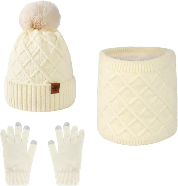 Écharpe Tour de Cou, Bonnet à Pompon & Gants Tactiles, Ensemble Bonnet Écharpe Gant 3 en 1, Doublure Polaire Chaud, Accessoire d'hiver, Convient pour offrir en cadeau