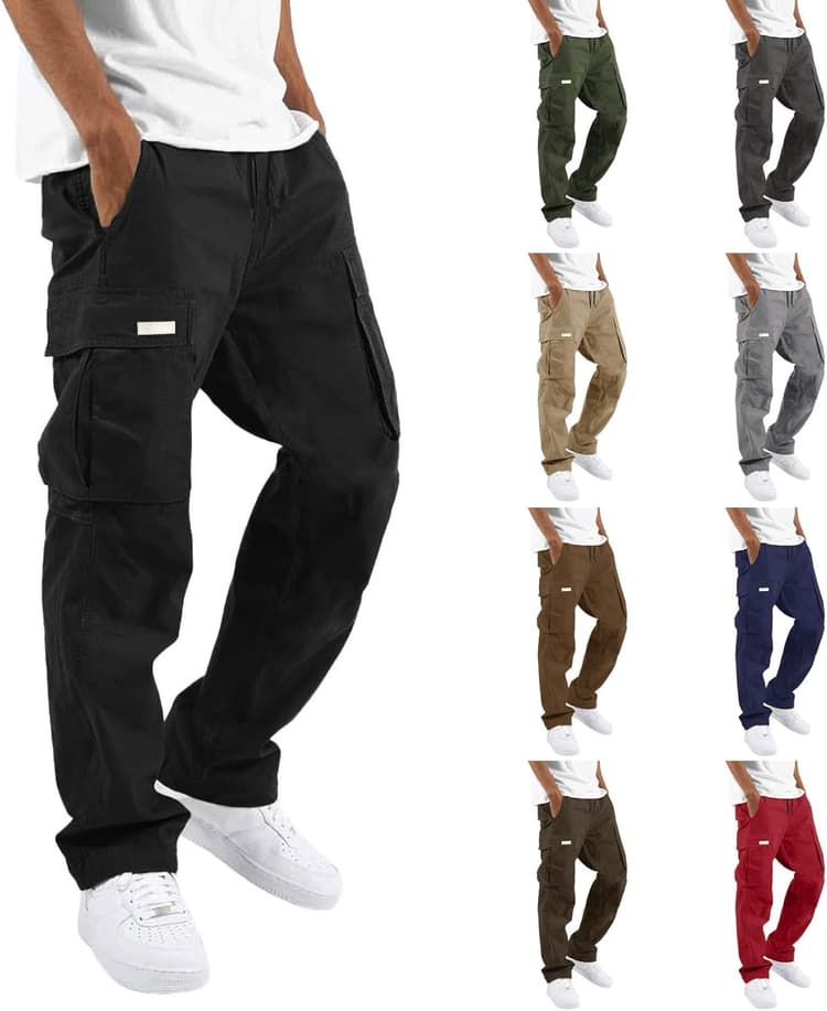 Pantalon de Travail Homme - Cargo Coupe Droite Multi Poches Taille à Cordon Pantalon Long Usage Quotidien Activités Extérieures Entraînement Fitness Style Décontracté Fonctionnel