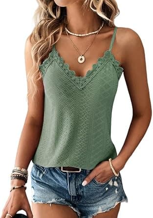 Haibang Debardeur Femme Chic et Élégant Été Top Caraco Dentelle sans Manche Bretelles Spaghetti Haut Sexy Lâche Chemise Oeillet Broderie Camisole Mode Casual Tank Tops