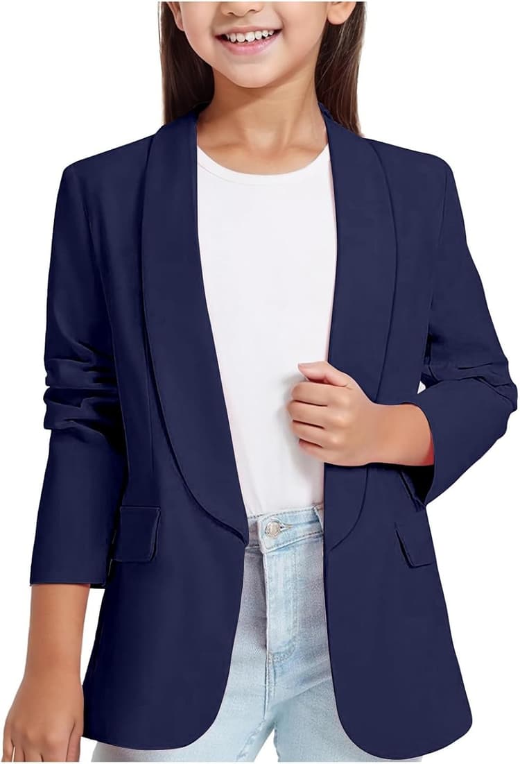 Blazers à Manches Longues pour Filles Col ChâLe Blazers Fille Veste De Costume Formelle avec Poche IntéRieure Printemps Elegant Manteau Enfant Veste Fille Couleur Unie 3-14 Ans