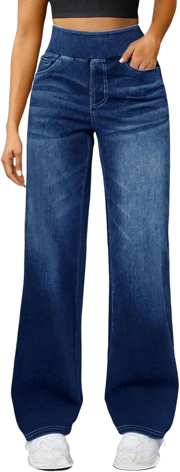 Jean Large Femme Taille Haute Elastique Pull on Pantalon en Denim avec Poches Stretch Slim Jambe Droite Décontractés Baggy Mode pour Le Yoga Fitness Sports Jogging