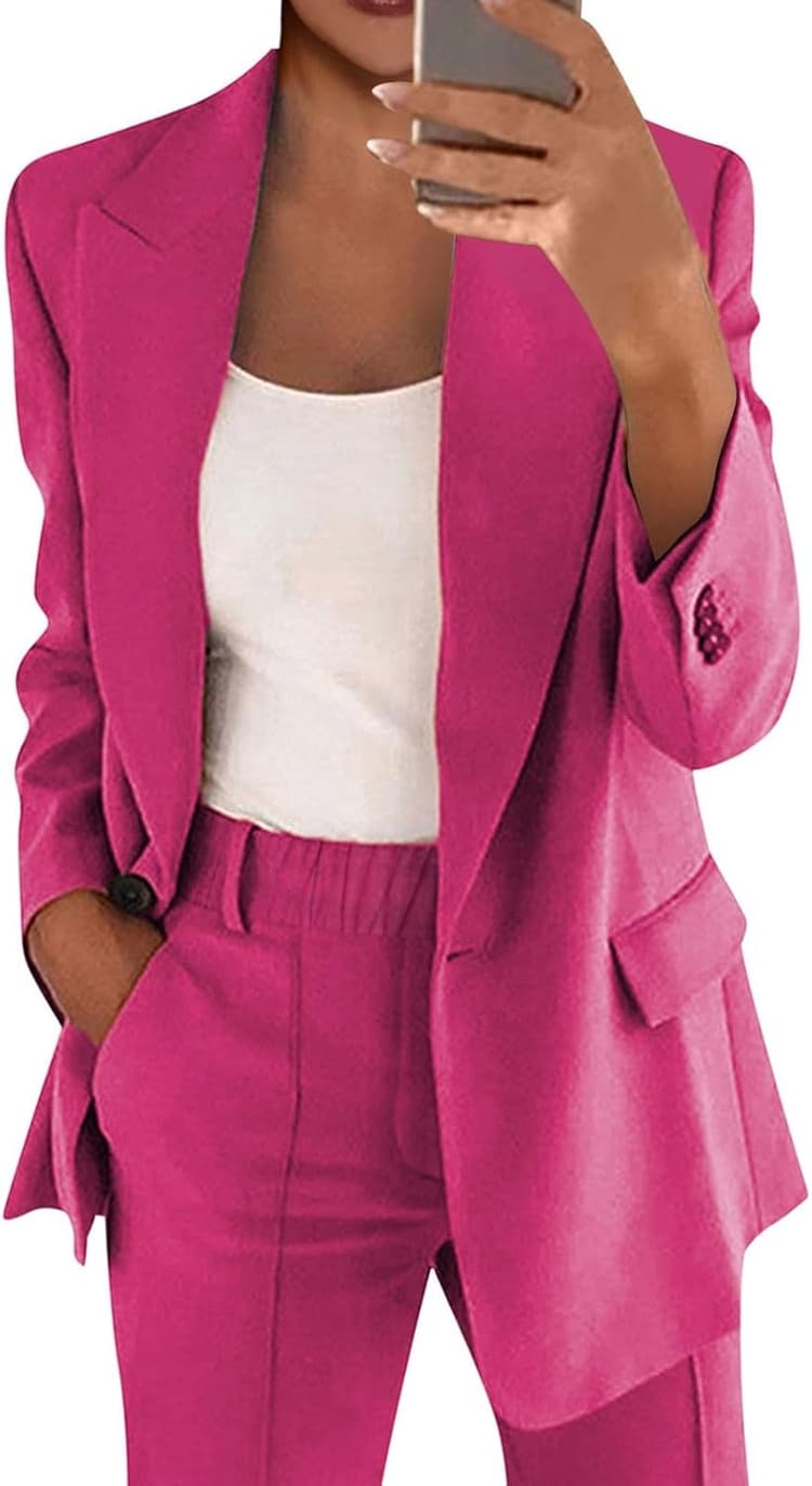 Tailleur Femme Ensemble Pantalon 2 Pièces Chic et Elegant Couleur Unie Slim Fit Blazer Veste Travail Décontracté Bureau Blazer Formelle