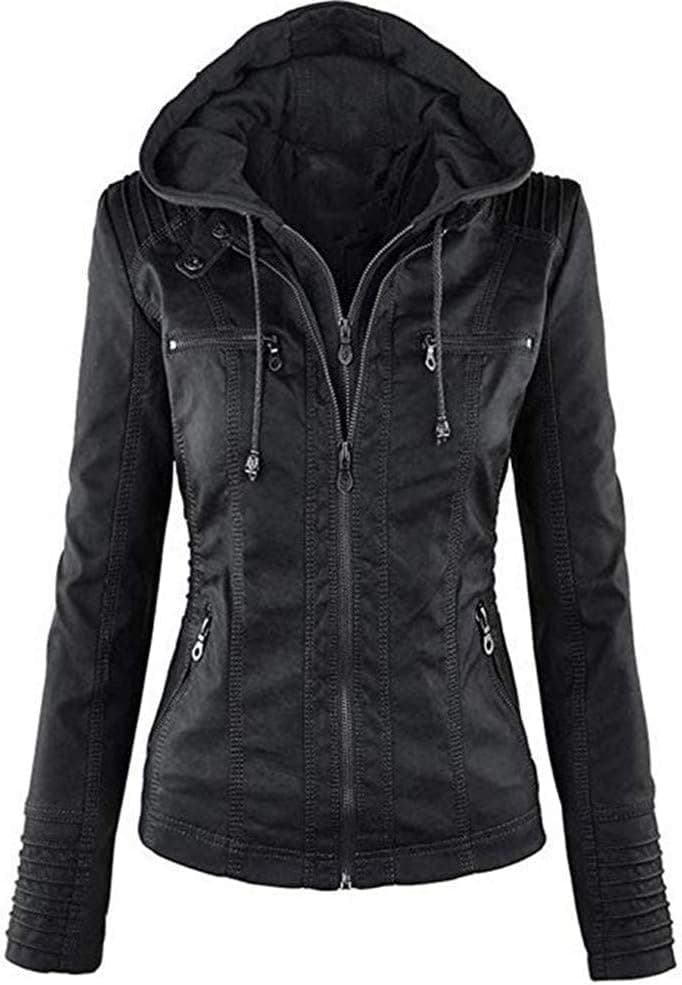 Veste Cuir Femme Fermeture Éclair Manteau à Capuche Court Veste