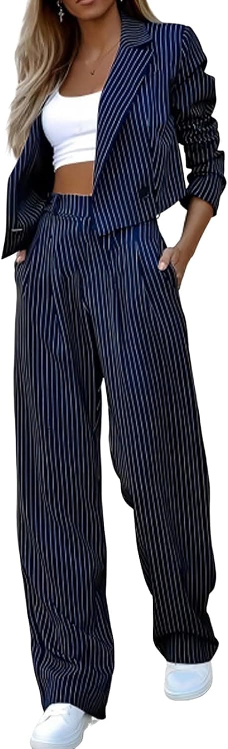 Tailleur Femme Ensemble Pantalon Chic et Élégant 2 Pièces Blazer à Revers et Pantalons Taille Haute Tailleurs Rayures Costume de Formel Bureau Travail OL Décontractée Slim Fit Outfit