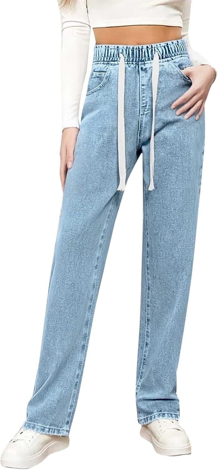 Jean pour femme taille haute - Pantalon en denim coupe droite - Taille élastique - Pantalon de loisirs - Jean stretch - Couleur unie - Pantalon extensible confortable avec cordon de serrage