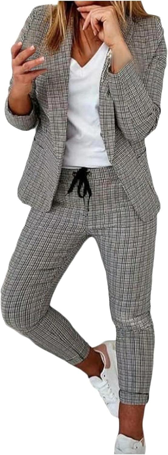 Tailleur 2 PièCes Femme Ensemble Blazer Et Pantalon OL Imprimé à Carreaux Slim Fit Formel Bureau Travail Office Costume Col Revers Veste Manteau Ensemble