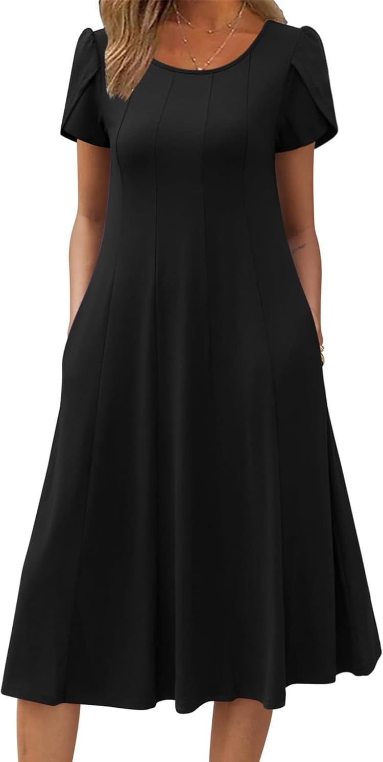 Zeagoo Robe Femme Estivale Casual Manches Courtes avec Poches A‑Line Robe Midi Légère Élégante pour Printemps Été S-XXL