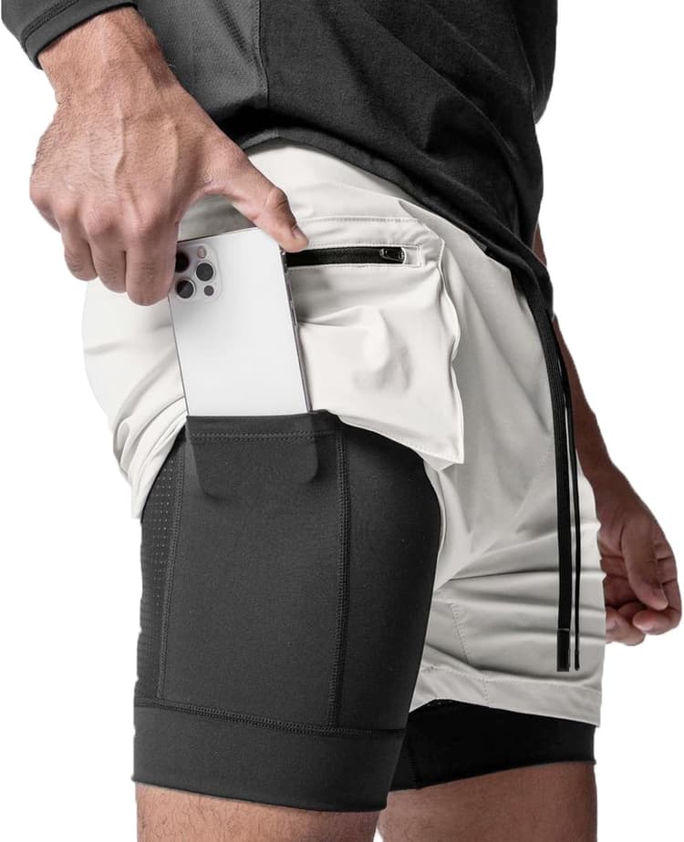 Compression Shorts de Sport 2 en 1 Respirant pour Homme Course à Pied Léger Séchage Rapide Doublure avec Poches Zippées