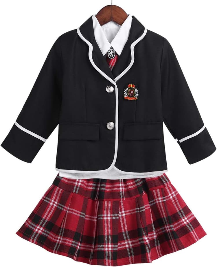 iiniim Uniformes Scolaires Japonais Enfant Fille Déguisement Lycéen Scolaire Anime Veste Britannique & Chemisier & Jupe à Carreaux & Cravate Costume Fête 4-12 Ans