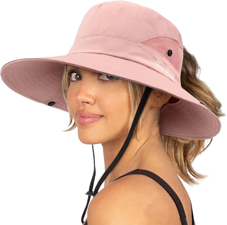 DRESHOW Femme Soleil Chapeau l'extérieur UV Protection Pliable Large Bord Pêche à Cheval Queue Chapeau UPF 50+