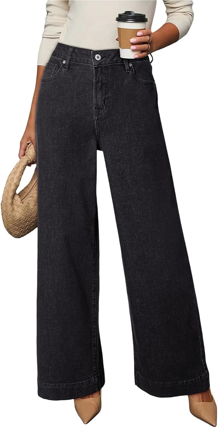 DOKOTOO Women's Casual High Waisted Jeans Stretch Button Wide Leg Loose Denim Pants with Pockets