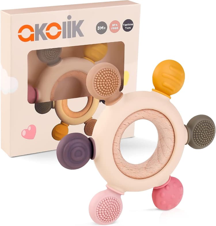 akolik Anneau de Dentition pour Bébé, en Silicone et Bois pour Jouet de Dentition, Accessoires d'Allaitement Sans BPA pour Bébés de 3-6 6-12 Mois Autiste, Cadeaux pour Enfant (Gouvernail B)