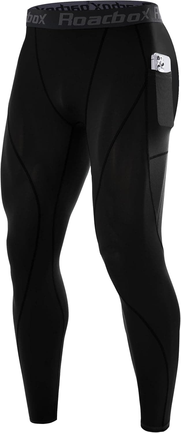 Roadbox Mens Compression Pants Running Tights with Pockets Sports Workout Leggings Athletic Base Layer for Cycling Basketball