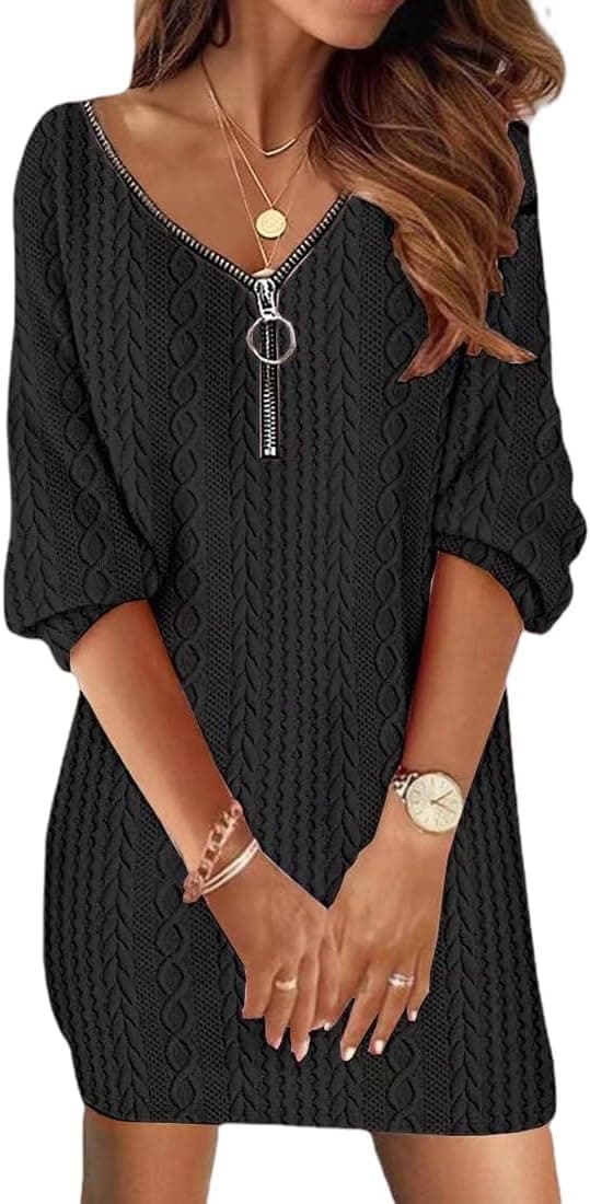 Robe Pull Hiver Col en V Femme Chic Élégant Tricot à Manches Longues Pull Femme Manches Longues Robe Tricot A-Line Pullover Chaud Casual Automne Hiver