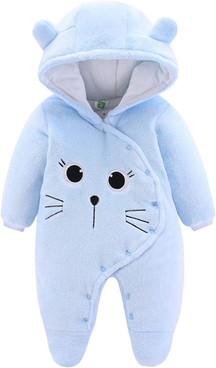 Salopette Bébé Romper Flanelle Hiver Romper Playsuit avec Pieds Hoodie Cartoon 0-12 Mois