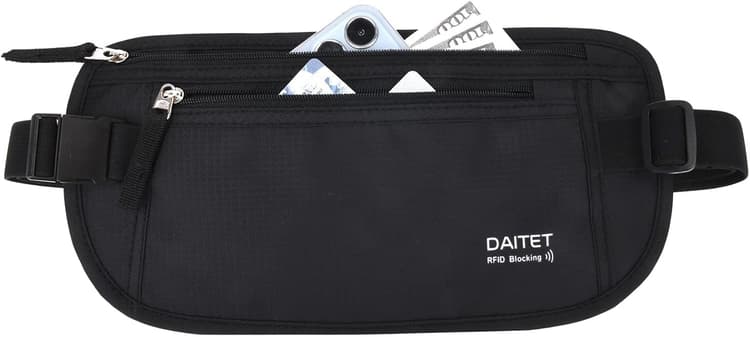 DAITET Ceinture d'argent avec blocage RFID pour homme et femme, sac banane fin pour voyage, course à pied, portefeuille dissimulé pour passeport, téléphone, argent liquide, noir, Rfid Blocking & Belt