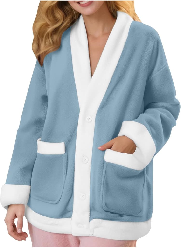 Veste Polaire Femme Manteau D'Intérieur En Peluche Manteau Femme Hiver Chaud Boutons Hauts De Pyjama Col En V Épaissir Blouson Décontractée Doux Ample Top Cachemire Avec Poche