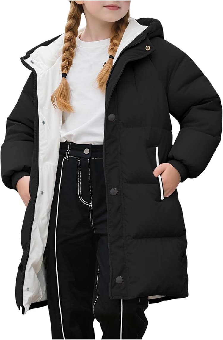 Manteaux Fille Doudoune mi-Longue Manteau à Capuche Chaud Veste à Capuche Blouson avec Poches Enfant Hiver Vêtement pour 2-11 Ans Girls Coat Parka Veste Chaude