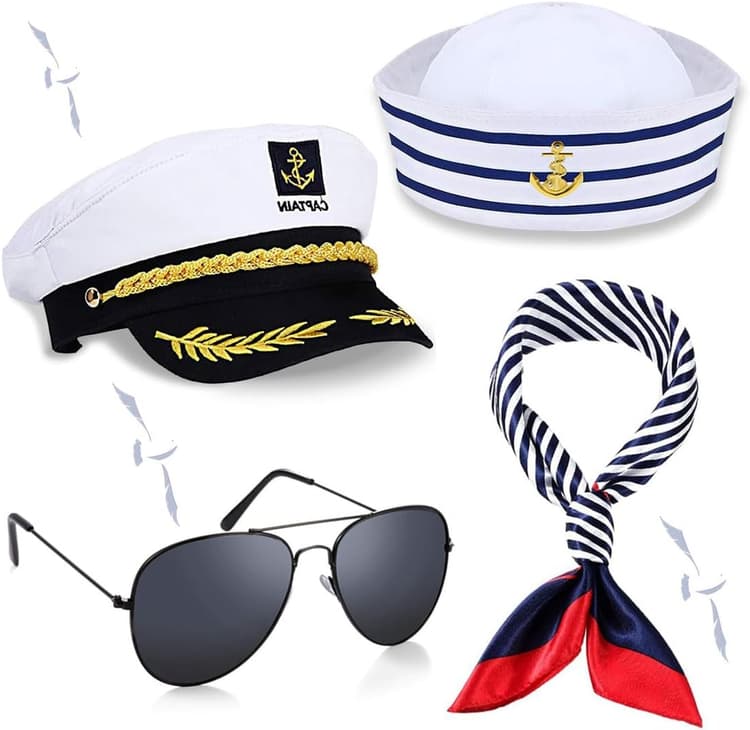 Lot de 4 Chapeau de Capitaine, Lunettes de Soleil et Écharpe - Accessoires de Costume Marin pour Fête Costumée Halloween