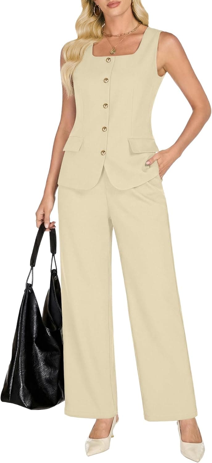 Funlingo Pant Suits for Women Dressy 2 Piece Sets Sleeveless Blazer Vest Wide Leg Pants 2026 Spring Business Casual Outfits