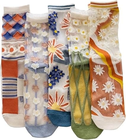 5 Paires Chaussettes Transparentes Femme Socquettes Femme Transparents Fantaisie Fleur à Motifs Dentelle Cheville Pure Maille Eté Tites Chaussettes Soie Mince Mode Chaussette Basse