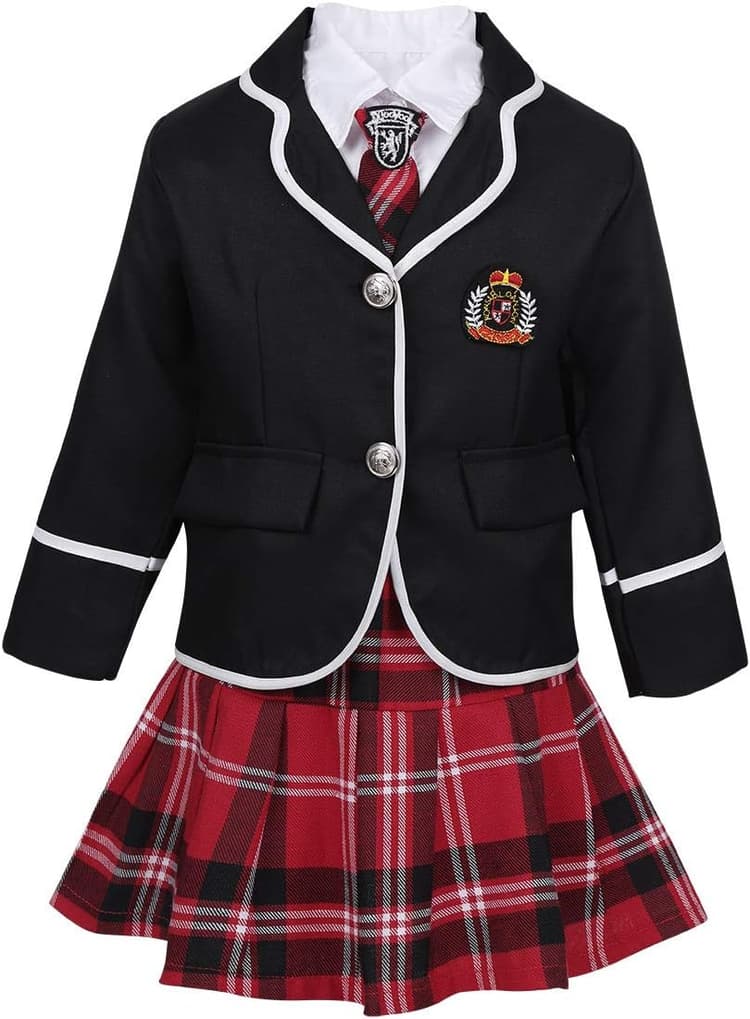 ranrann Enfant Fille Ecolière Uniforme Scolaire Style Britannique Costume Ensemble Manteau Manche Longue Jupe Ecossaise Chemise Cravate Déguisement School Girl 4-12 Ans Noir 10-12 Ans