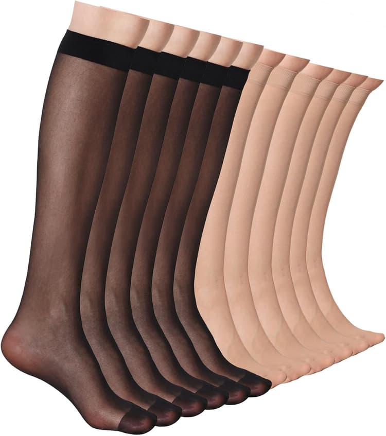 12 Pairs Knee High Stockings for Women, 20 Denier Sheer Nylon Socks for Women