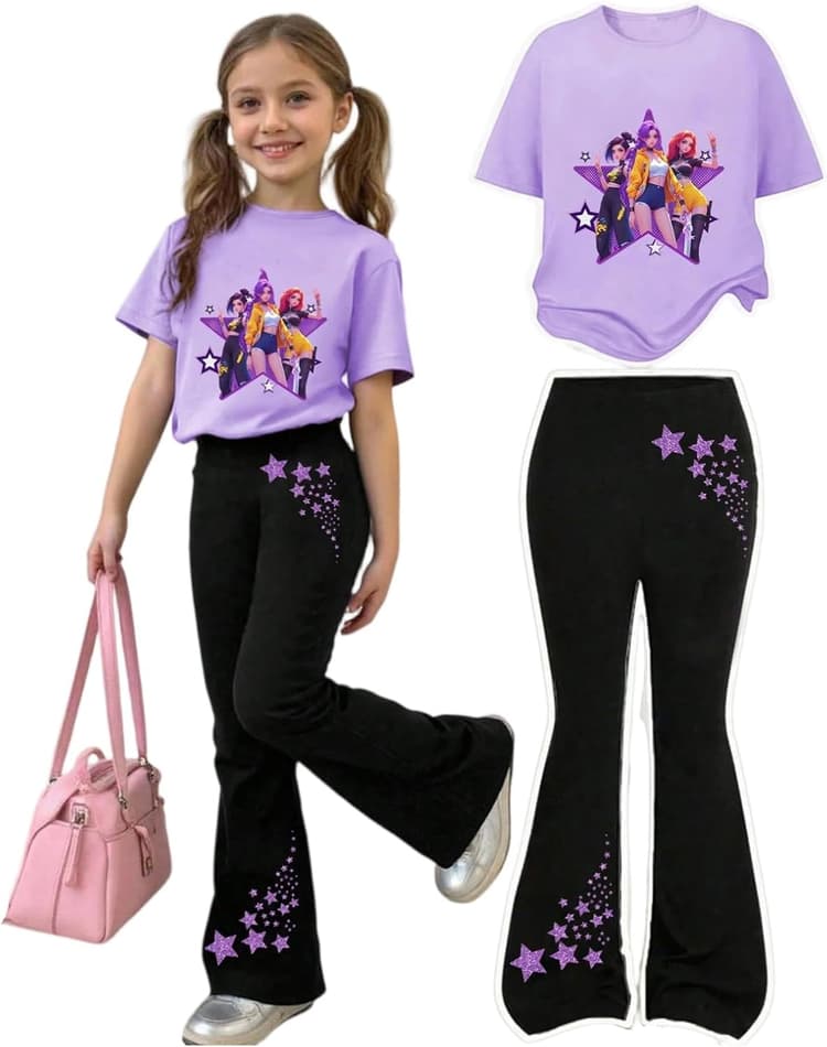 Générique Kpop Ensemble Fille 2 Pièces pour garçons et filles Mode Casual Vetement Demon Manches courtes T-shirt et pantalon style K-Pop pour enfants