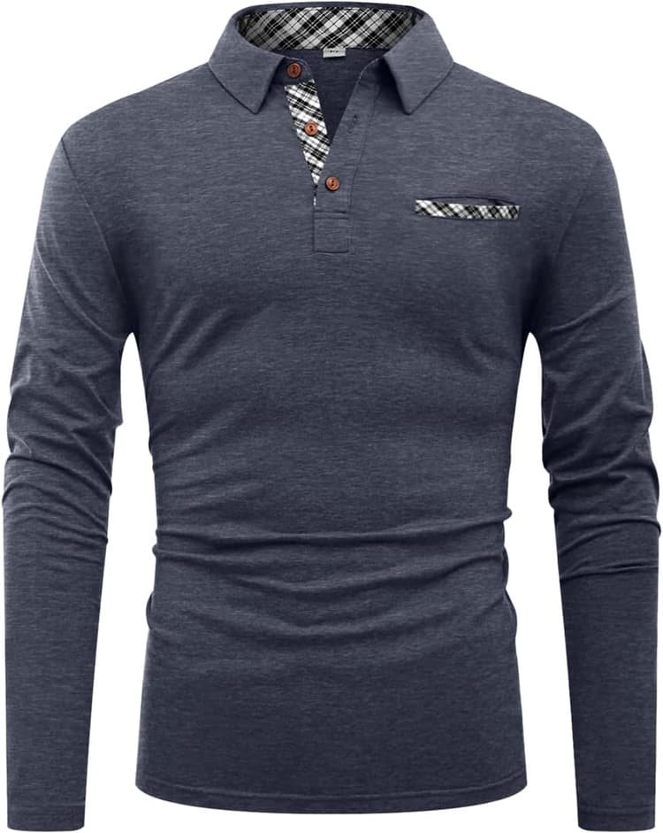 Hisir Polo à manches longues en coton pour homme - Coupe droite - Léger - Avec poche poitrine et col décontracté