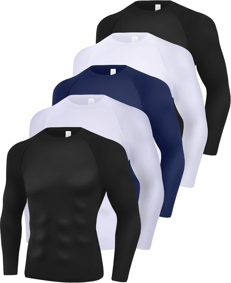 5 Pack Men's Compression Shirts Long Sleeve Undershirts Quick Dry Workout Baselayer Rash Guard Fitness Top