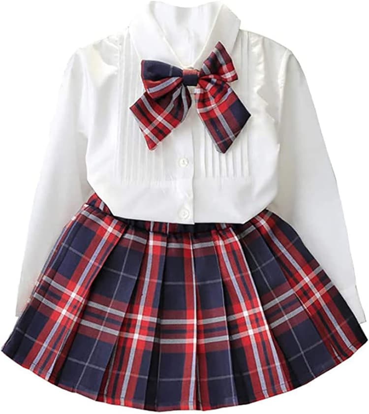 Enfant en bas âge filles chemise jupe ensemble blanc Bowknot chemises à manches longues jupe à carreaux robe a-ligne 2 pièces ensembles de vêtements enfants uniforme scolaire