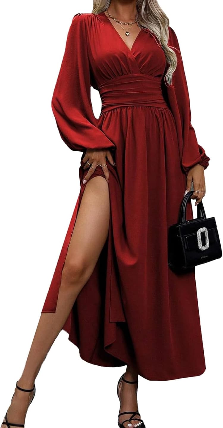 Robe Femme Elegante Col en V Taille Haute Robe Longue Plissée Manches Lanternes Fente Latérale Froncée Robes Longue de Cocktail Soirée Party