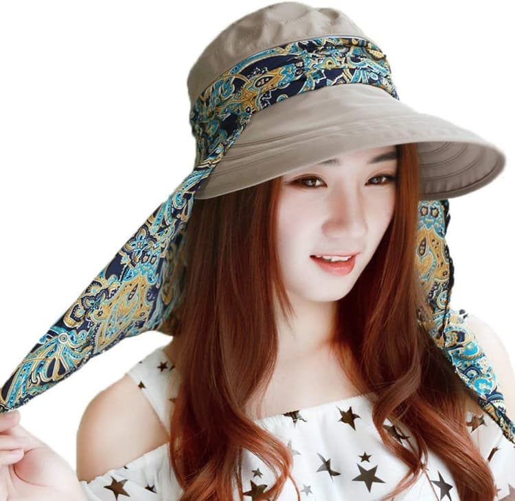 Femme Casquette Visière Large Bord Chapeau de Soleil Plage Voyage Eté Capeline de Camping Pêche Vélo Jardinage Pliable Protection Solaire Complète avec Foulard Protège-nuque Détachable UPF 50+ Anti-UV