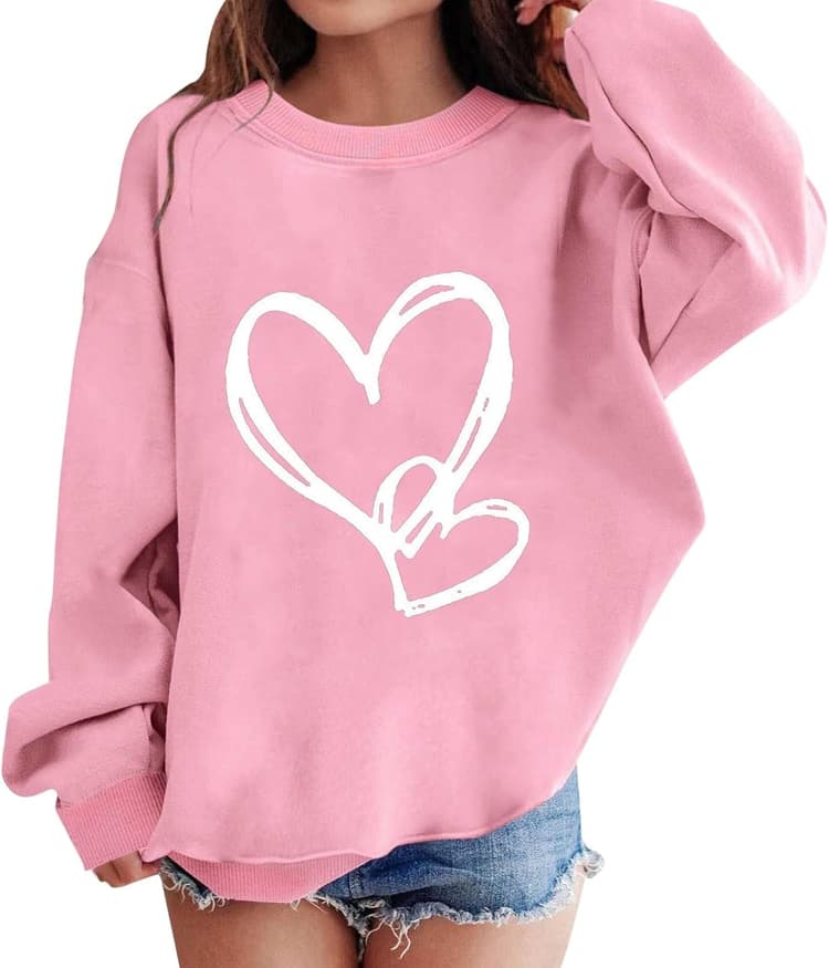 Generisch Sweat-shirt avec imprimé cœur pour fille | Pull doux avec col rond | 6 options de couleurs (vert, noir, bleu, beige, blanc) | Tout-petit à choses pour filles de 12 ans